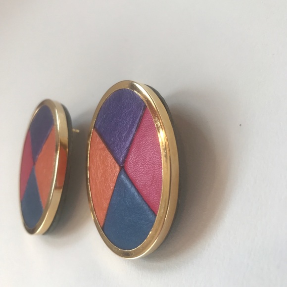 Vintage 80s Earrings, Leather or Vegan Leather Oval Gold Purple Orange Pink Blue - Picture 5 of 7